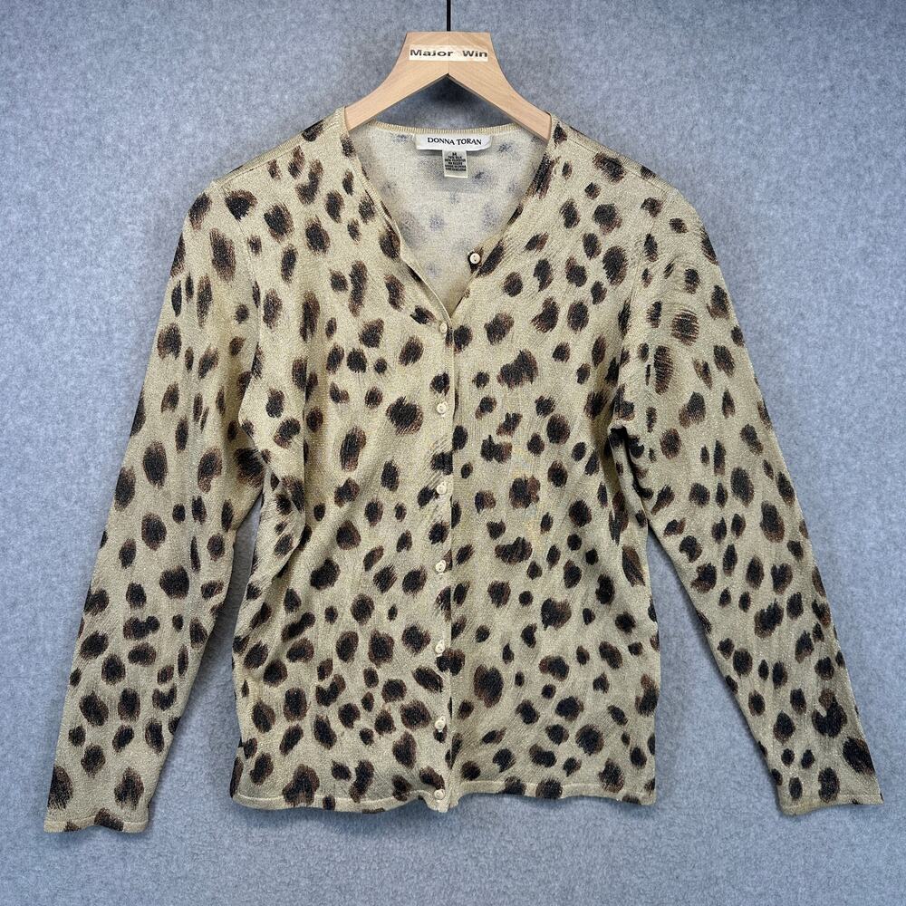 Donna Toran Sweater Womens Size M Tan Black Leopard Print Silk Blend Cardigan